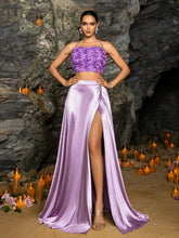 Backless Lace Up 3D Flower Tube Top & Satin Slit Skirt